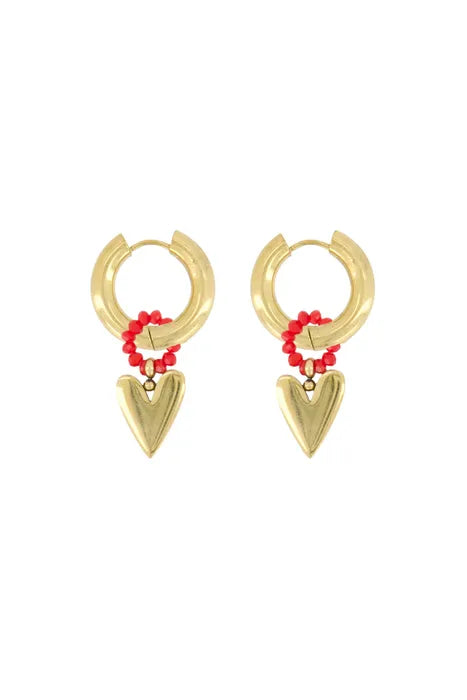 Zusss oorbel hanger met gouden hartje oranjerood/goud