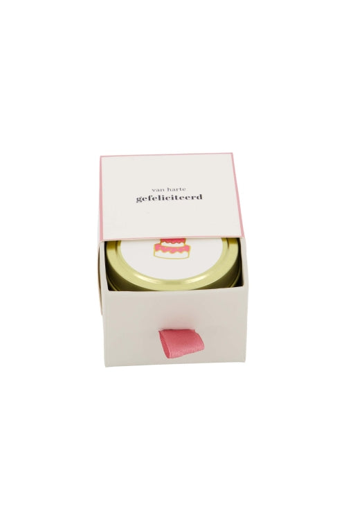 Zusss geurkaars tinnen in schuifdoosje gefeliciteerd taart wit roze