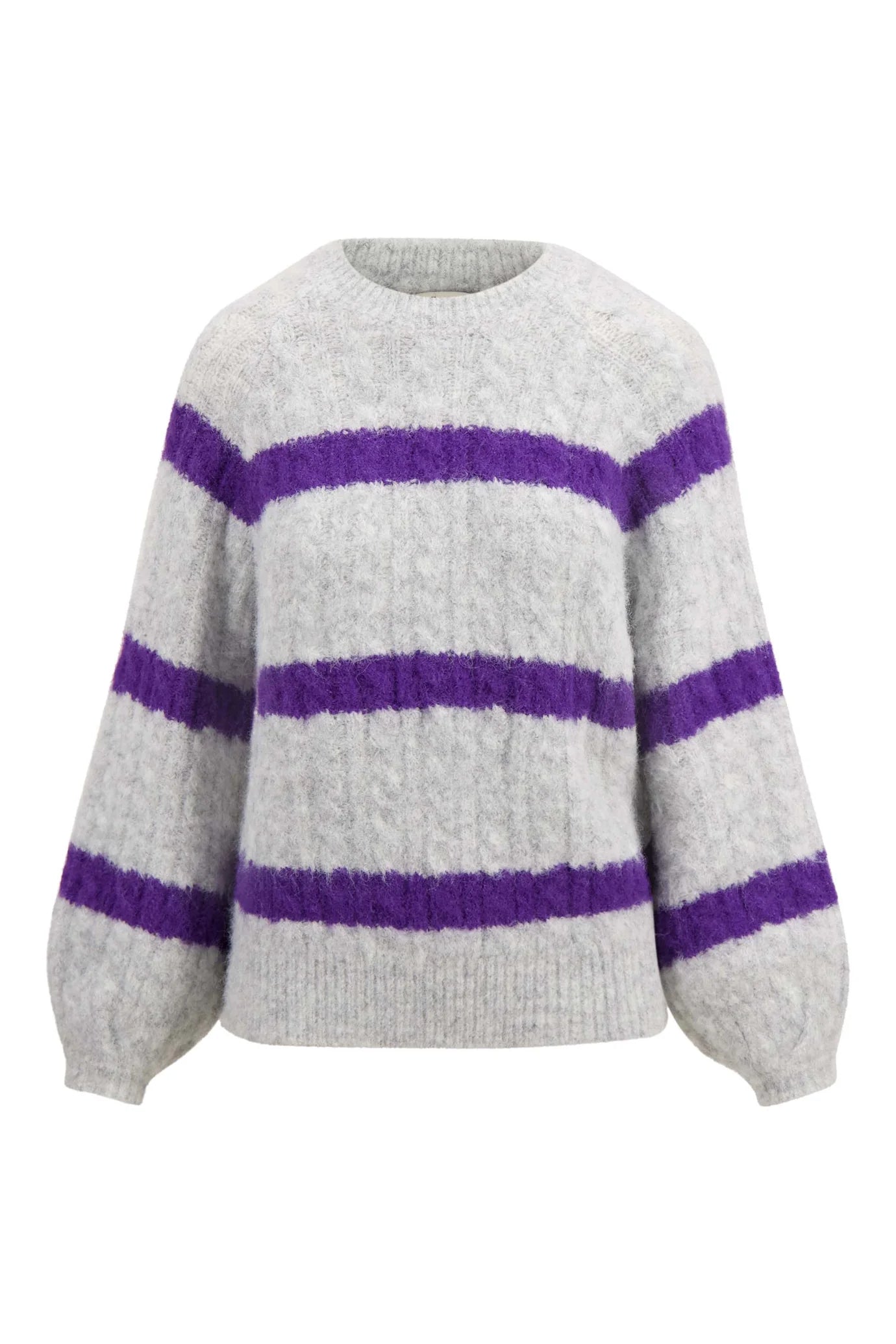 Zusss streep kabeltrui met ballonmouw mid grey mid purple