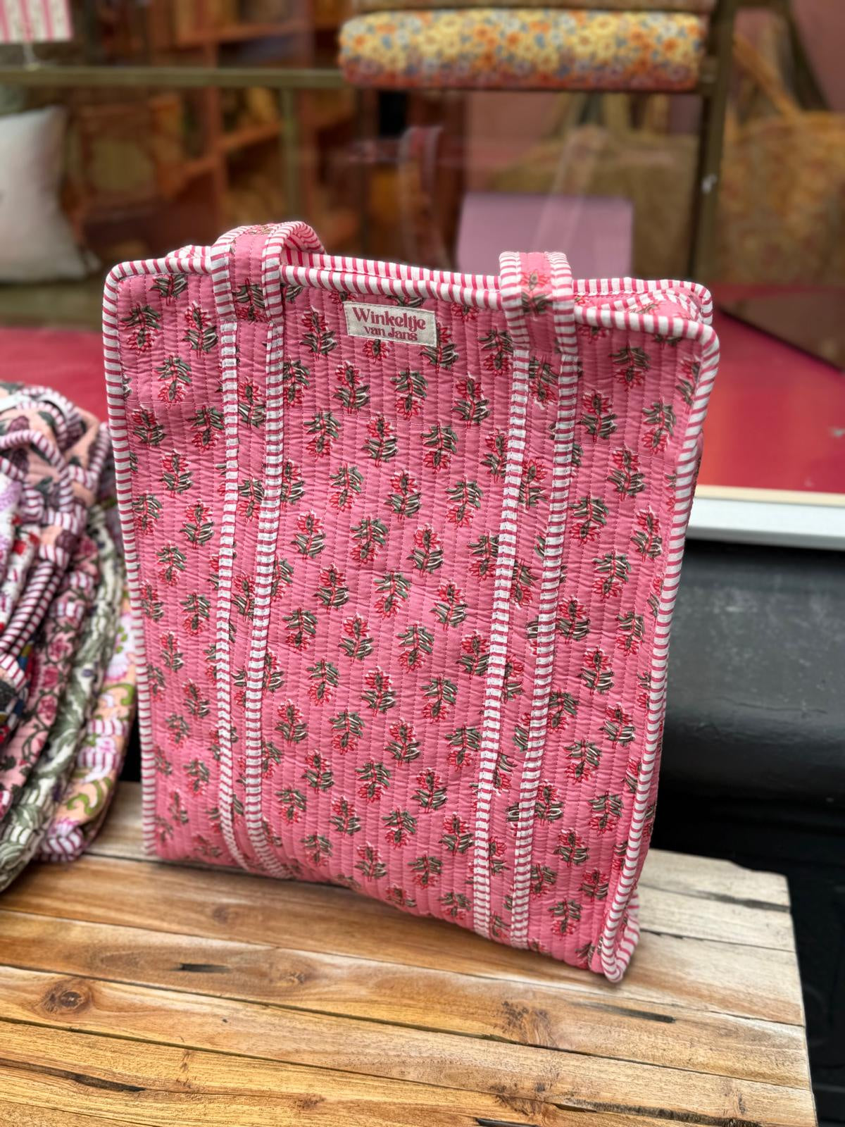 Tote bag roze bloemen groene blaadjes