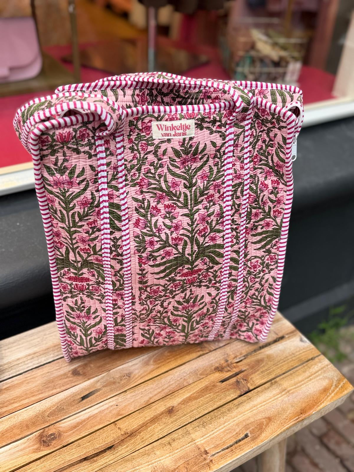 Tote bag fel roze bloemen met groen