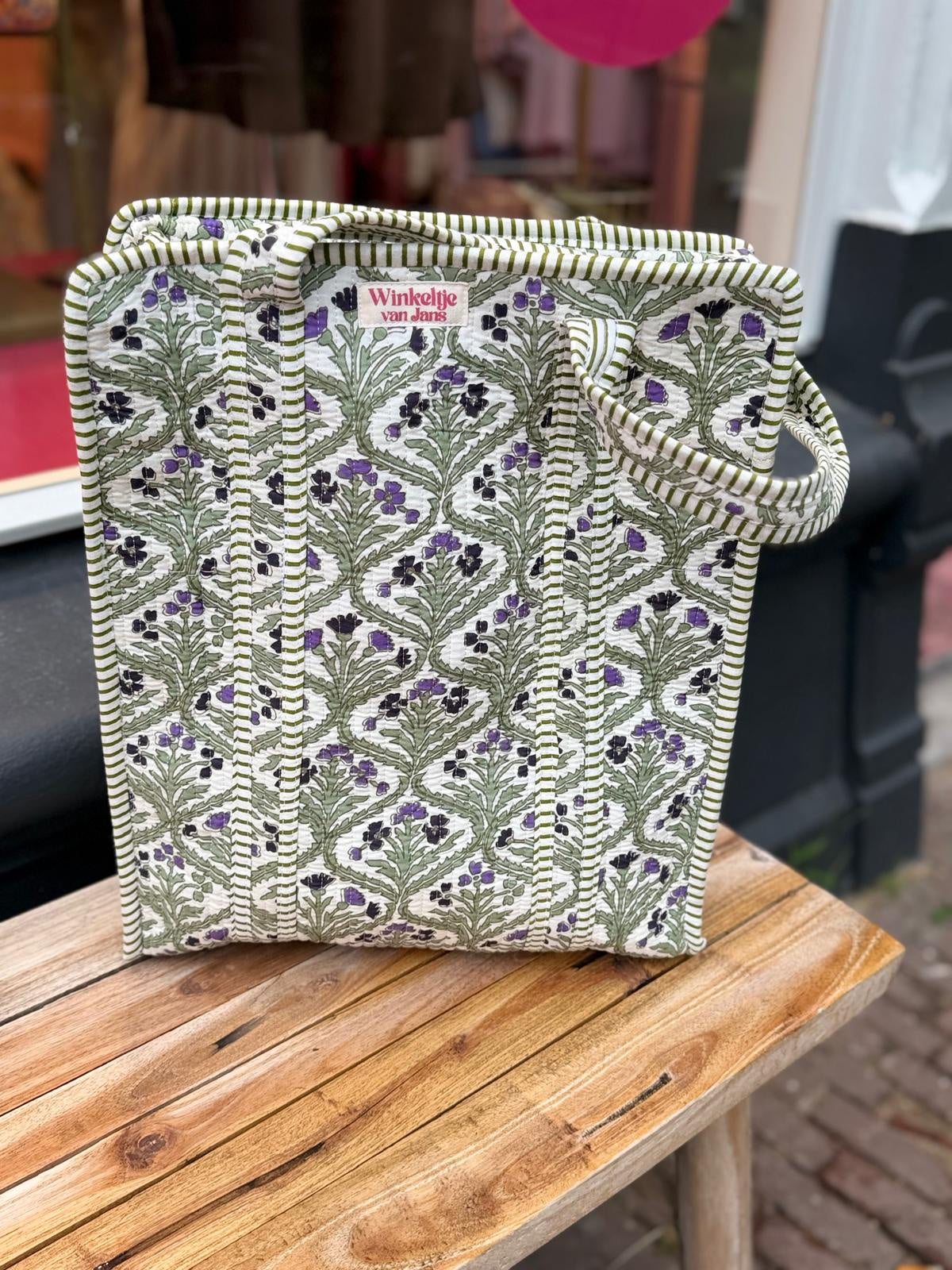 Tote bag Groen met paarse bloemen