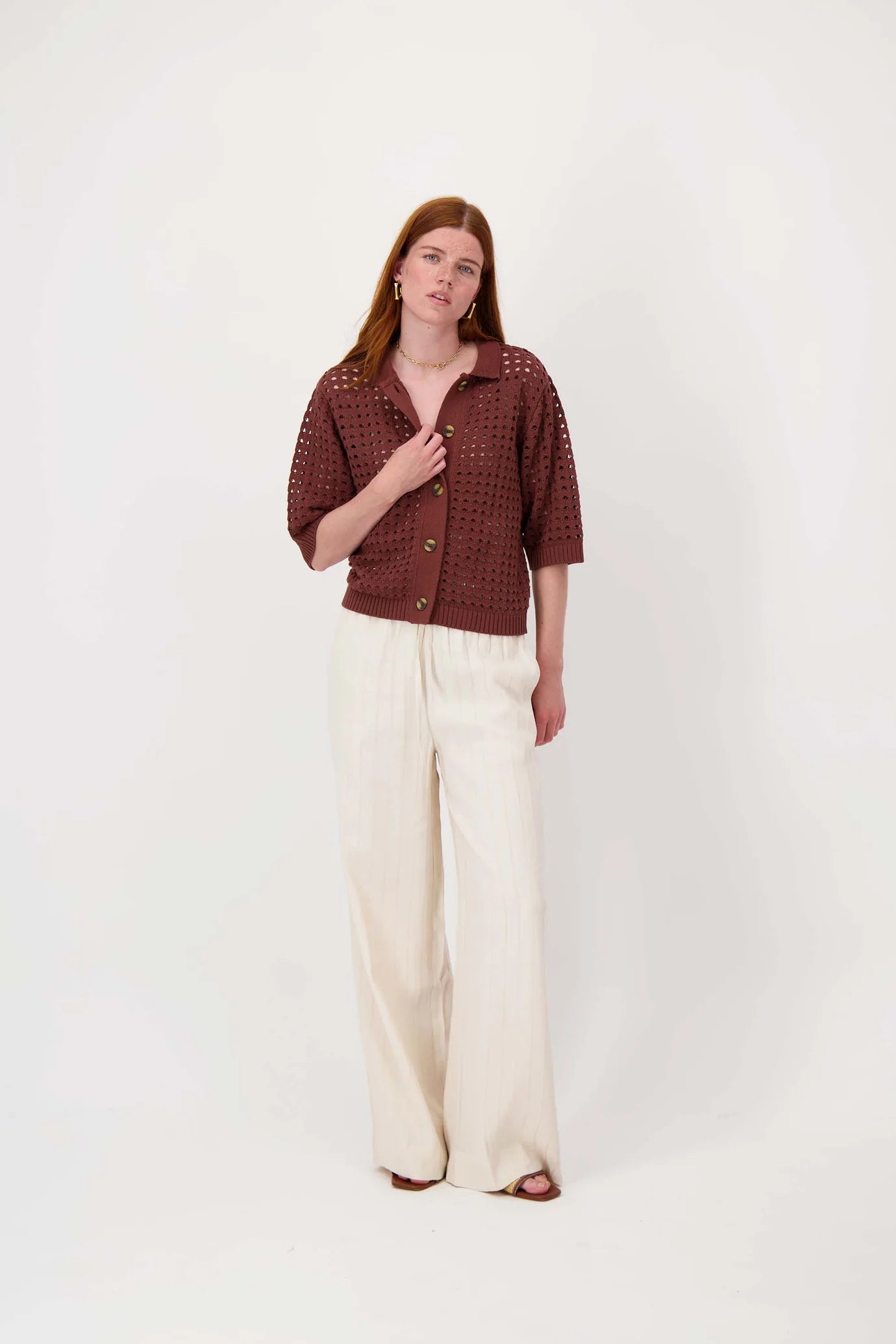 Zusss vest met polokraag in ajour Mid brown