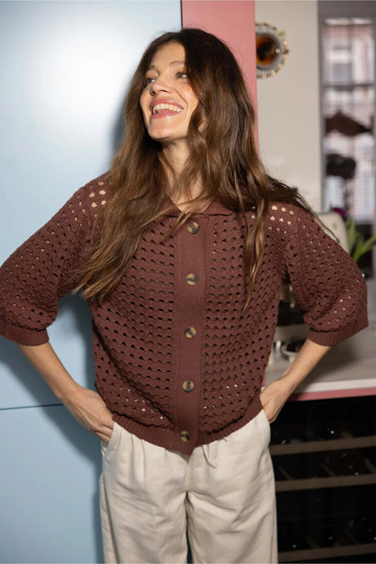 Zusss vest met polokraag in ajour Mid brown