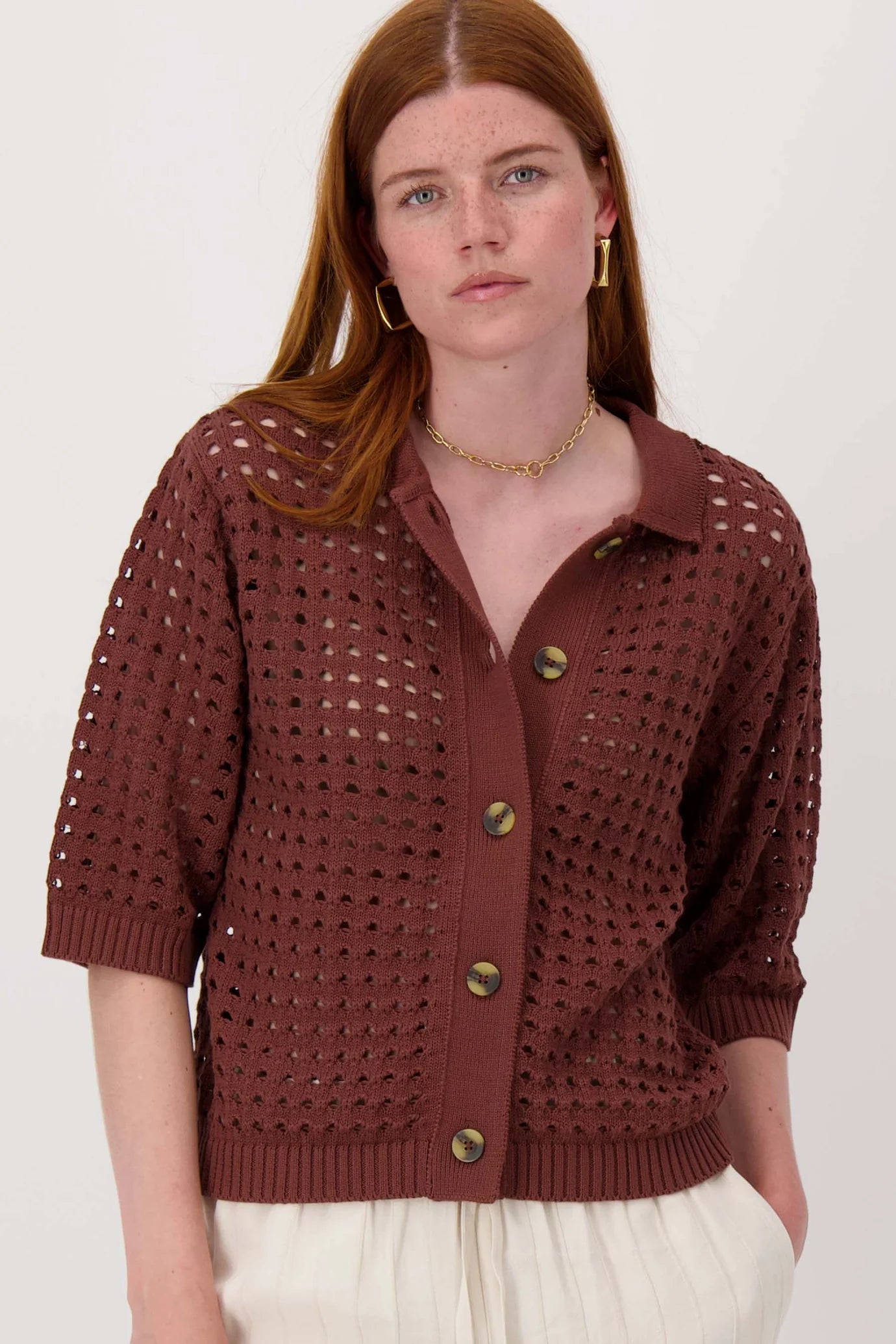 Zusss vest met polokraag in ajour Mid brown